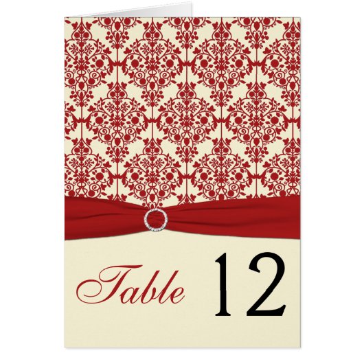 Crème en Rode Damask Tafelnummer Kaart (Voorkant)