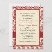 Crème en Rode Damast bruiloft uitnodiging (Achterkant)