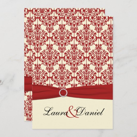 Crème en Rode Damast bruiloft uitnodiging (Voorkant / Achterkant)