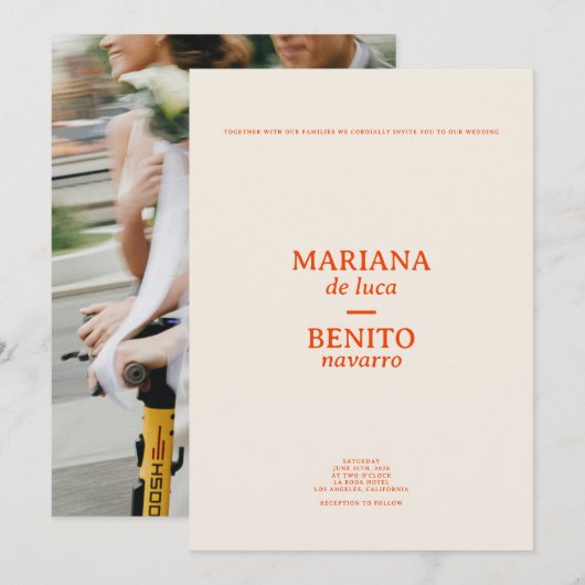 Crème en Rood Moderne Minimalistische Fotobruiloft Kaart (Voorkant / Achterkant)