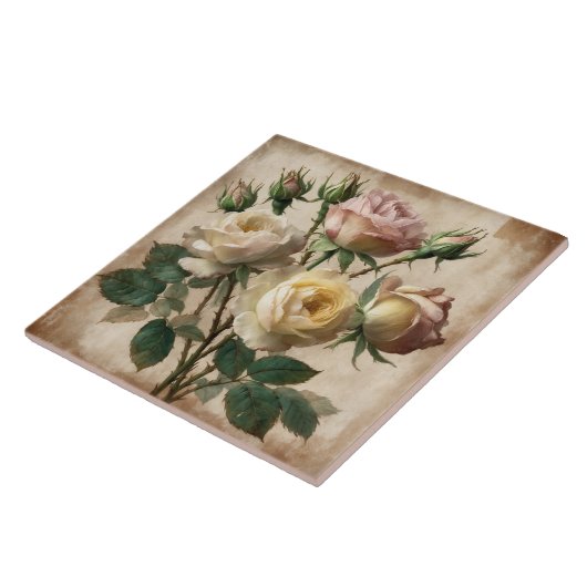  crème en roze rozenboeket tegeltje (Zijkant)