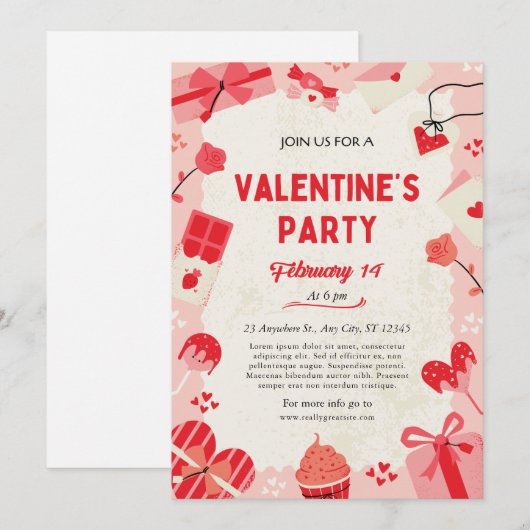 Crème en Roze Schattigee Valentijnsdag Party Kaart (Voorkant / Achterkant)