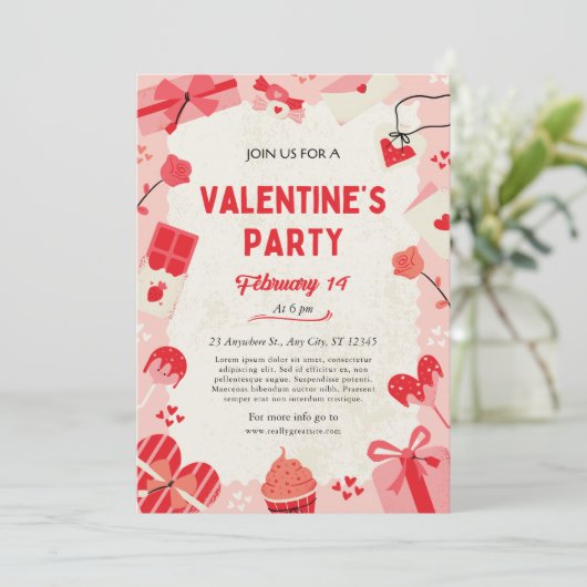 Crème en Roze Schattigee Valentijnsdag Party Kaart (Staand voorkant)