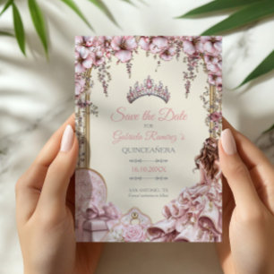 Crème en Roze Zilveren Tiara Bloemige Quinceañera Save The Date