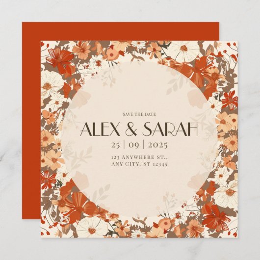 Crème en Rust Bloemen Bewaar de Datum Kaart (Voorkant / Achterkant)