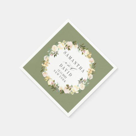 Crème en Sage Bruiloft bloemen gepersonaliseerd Servet (Hoek)