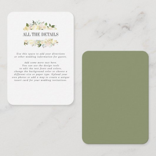 Crème en Sage BRUILOFT Details Routebeschrijving Informatiekaartje (Voorkant / Achterkant)
