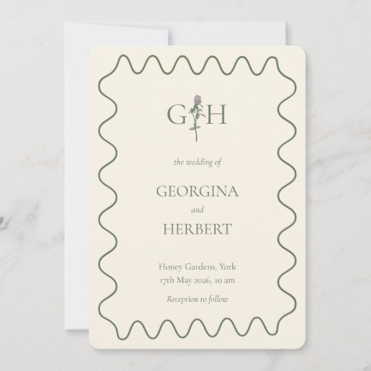 Crème en Sage Clover Monogram Uitnodiging voor de (Voorkant)