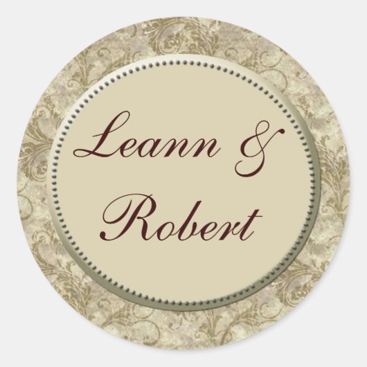 Crème en tan damask bruiloft stickers - (Voorkant)