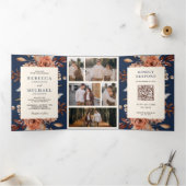 Crème en Terracotta Bloemencode Navy Trouw Drieluik Uitnodiging (Binnen)