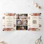 Crème en Terracotta Floral QR Code Weddenschap Drieluik Uitnodiging (Binnen)