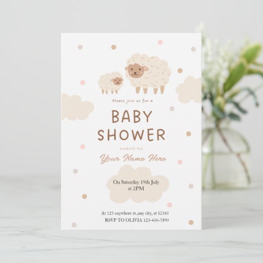 Crème en zachte schapen Baby Shower Uitnodigingen (Staand voorkant)