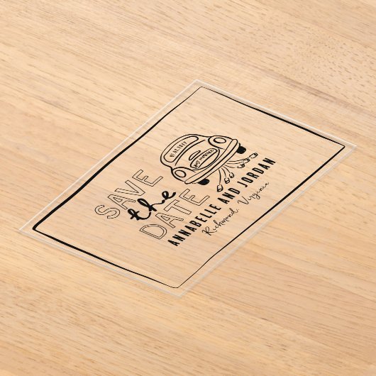 Crème en zwarte grillige hand getrokken auto acryl uitnodigingen (Laagn)