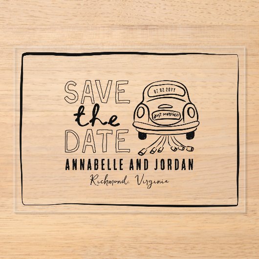 Crème en zwarte grillige hand getrokken auto acryl uitnodigingen (Voorkant)