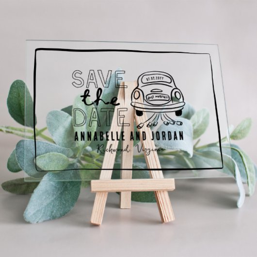 Crème en zwarte grillige hand getrokken auto acryl uitnodigingen