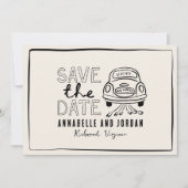 Crème en zwarte grillige hand getrokken auto save the date (Voorkant)