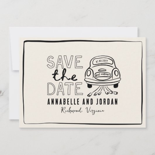 Crème en zwarte grillige hand getrokken auto save the date (Voorkant)