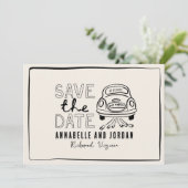Crème en zwarte grillige hand getrokken auto save the date (Staand voorkant)