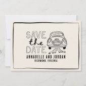 Crème en zwarte grillige hand getrokken auto save the date (Voorkant)