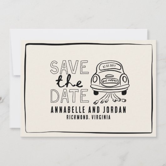 Crème en zwarte grillige hand getrokken auto save the date (Voorkant)