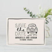 Crème en zwarte grillige hand getrokken auto save the date (Staand voorkant)
