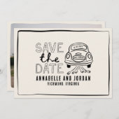 Crème en zwarte grillige hand getrokken auto save the date (Voorkant / Achterkant)