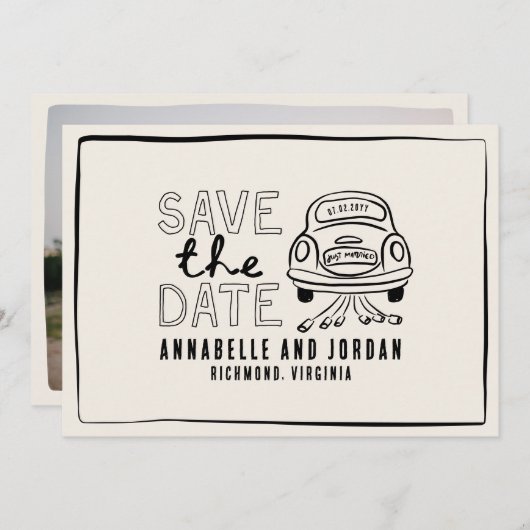 Crème en zwarte grillige hand getrokken auto save the date (Voorkant / Achterkant)