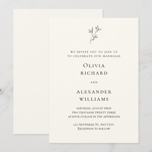 Crème en zwarte minimalistische huwelijksuitnodigi kaart (Voorkant / Achterkant)