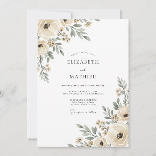 Crème Ethereal Flourish Bruiloft Kaart (Voorkant)