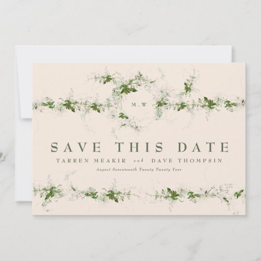 Crème Eucalyptus Krans Monogram Trouwfoto Save The Date (Voorkant)