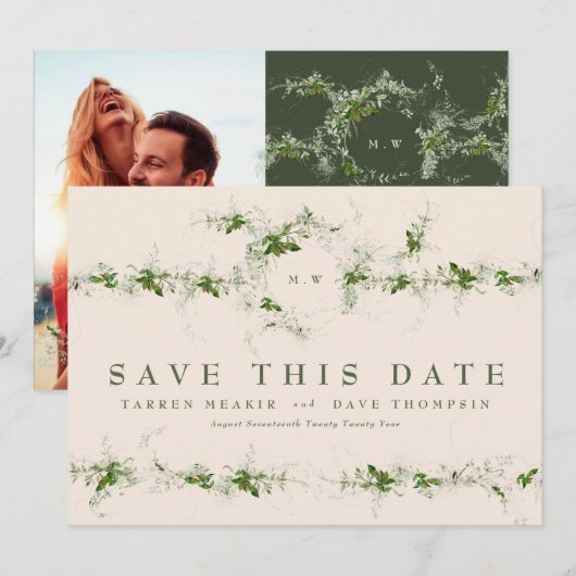 Crème Eucalyptus Krans Monogram Trouwfoto Save The Date (Voorkant / Achterkant)