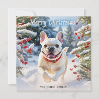 Crème Franse Bulldog in Sneeuw Prettig Kerstfeest Feestdagenkaart