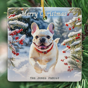 Crème Franse Bulldog in Sneeuw Prettig Kerstfeest Keramisch Ornament
