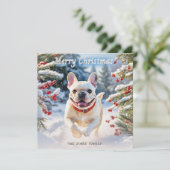 Crème Franse Bulldog In Sneeuw Vrolijk Kerstfeest Feestdagenkaart (Staand voorkant)