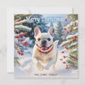 Crème Franse Bulldog In Sneeuw Vrolijk Kerstfeest Feestdagenkaart (Voorkant)