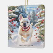 Crème Franse Bulldog In Sneeuw Vrolijk Kerstfeest Keramisch Ornament (Links)