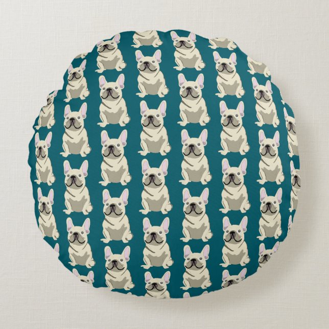 Crème Franse Bulldog Rond Kussen (Voorkant)