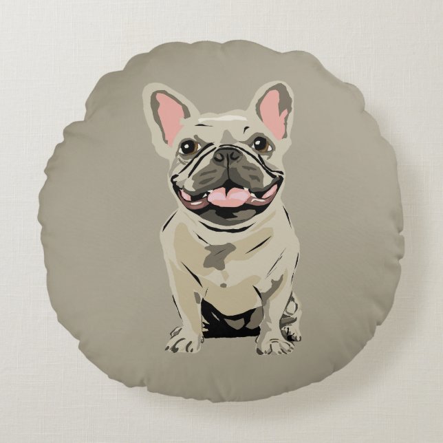 Crème Franse Bulldog Rond Kussen (Voorkant)