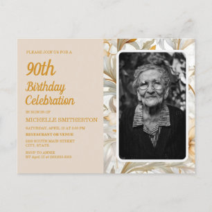 Crème Gele Bloemige Vrouw 90ste Verjaardag Foto Uitnodiging Briefkaart