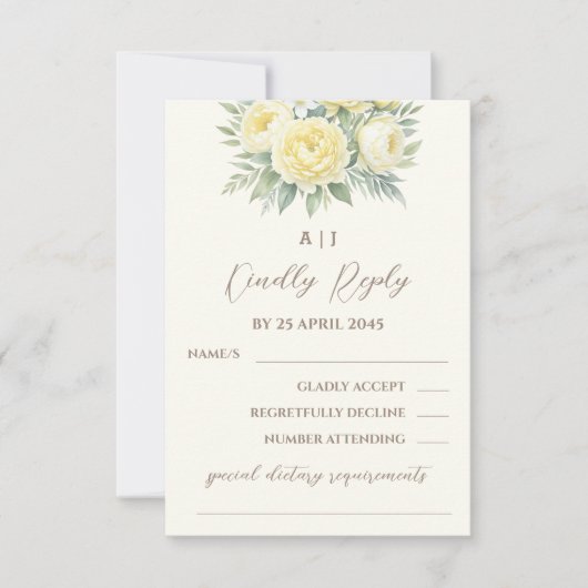 Crème Gele pioen Rozen Floral Wedding RSVP Kaart (Voorkant)