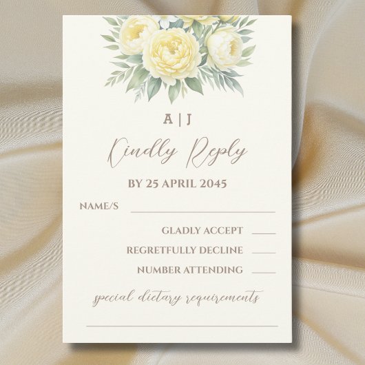 Crème Gele pioen Rozen Floral Wedding RSVP Kaart