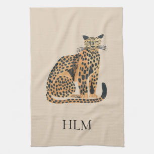 Crème Gold Leopard Animal Monogram Theedoek