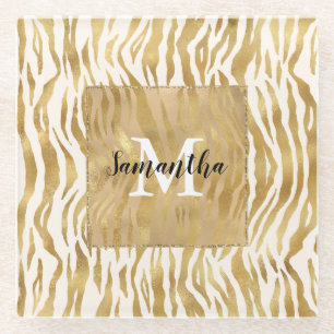 Crème Gold Zebra Print Monogram Glazen Onderzetter