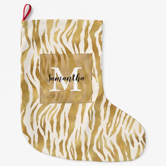 Crème Gold Zebra Print Monogram Grote Kerstsok (Voorkant)