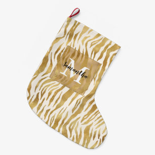 Crème Gold Zebra Print Monogram Grote Kerstsok