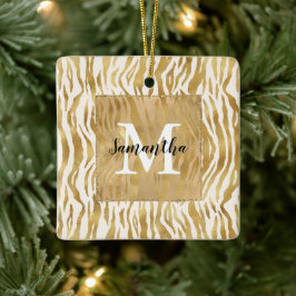 Crème Gold Zebra Print Monogram Keramisch Ornament