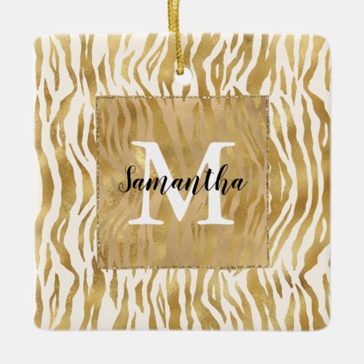 Crème Gold Zebra Print Monogram Keramisch Ornament (Voorkant)