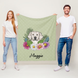 Crème Golden Retriever Kleurrijke Bloemen En Naam Fleece Deken