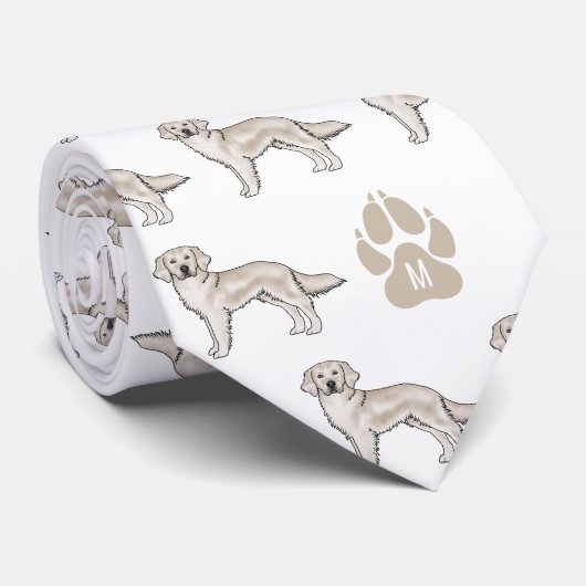 Crème Golden Retriever Patroon Aangepaste Monogram Stropdas (Opgerold)