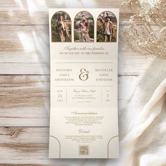 Crème Goud Boog Foto QR-code Trouwen Drieluik Uitnodiging